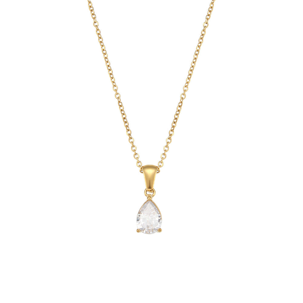 Minimalist Geometric Teardrop Zircon Pendant Necklace in Stainless Steel with 18K Gold Plating for Women