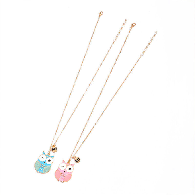 Collar con colgante de búho de dibujos animados para niños, de aleación con acabado de esmalte, cadena cruzada ajustable en forma de corazón, tono oro rosa, joyas de amistad para mejores amigos