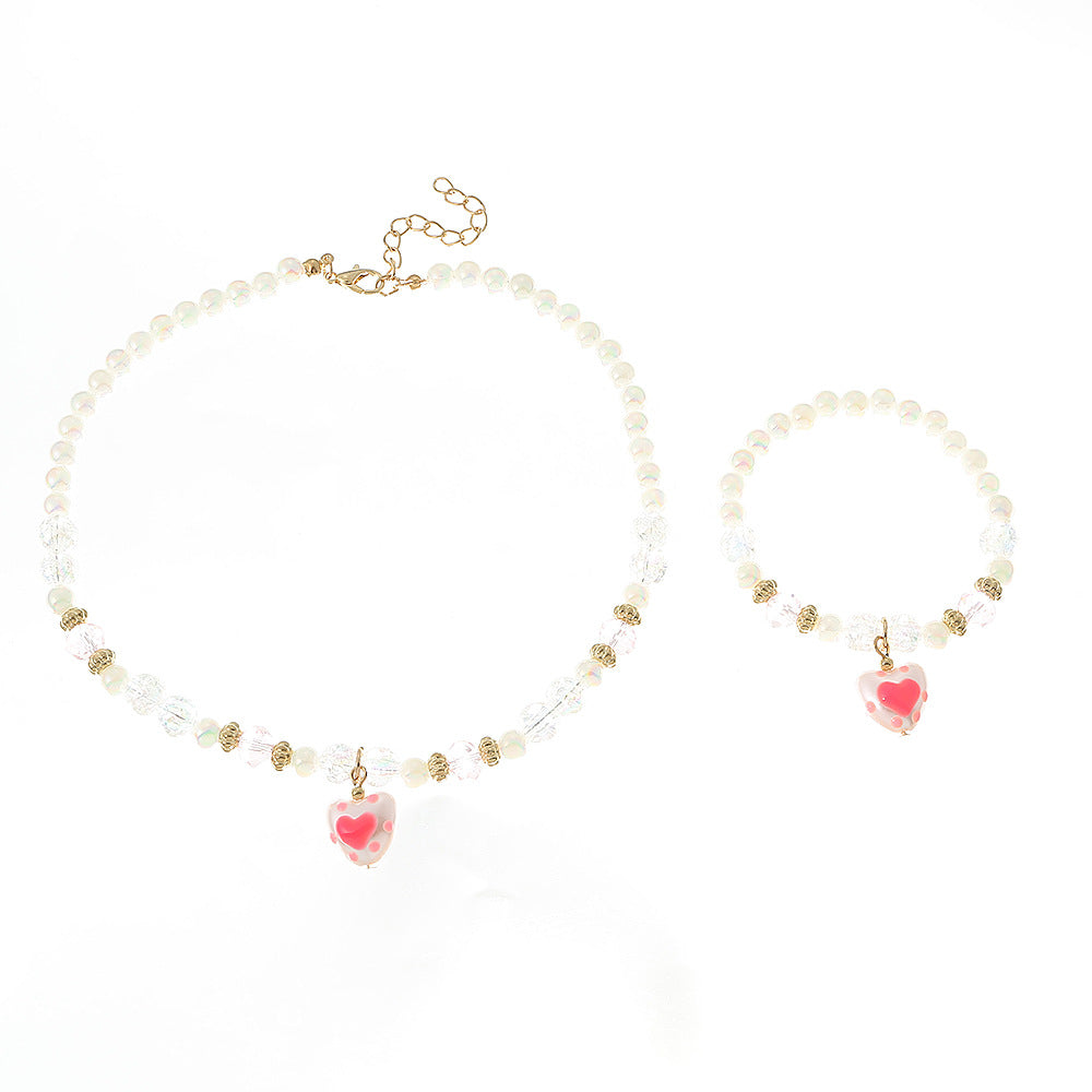Cute Heart-Shaped Resin and Alloy Pendant Necklace for Girls, Minimalist Pearl-Inspired Fashion Necklace Set with Round Bead Chain