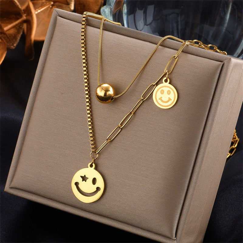 Fashionable Irregular Heart Square Smiley Pendant Necklace in Gold-Plated Titanium Steel for Women