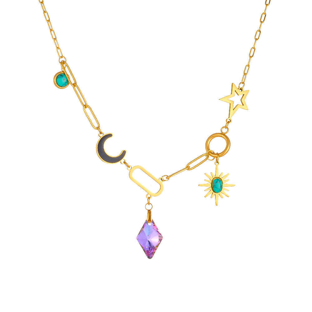 Elegant Purple Diamond-Cut Eight-Pointed Star and Moon Teardrop Pendant Plated Stainless Steel Necklace for Women