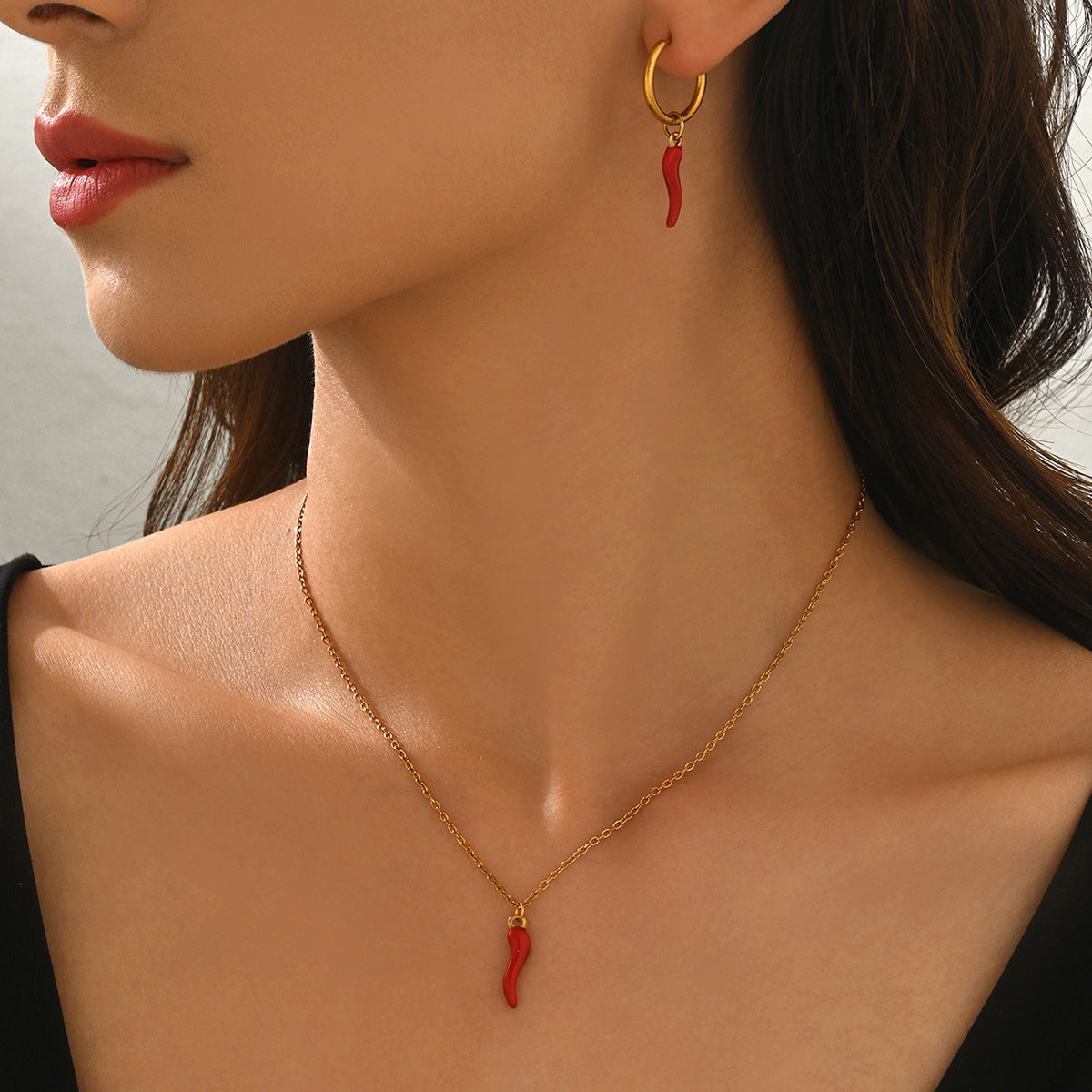 Minimalist Red Chili Pepper Stainless Steel Jewelry Set for Women with Plated Necklace and Earrings