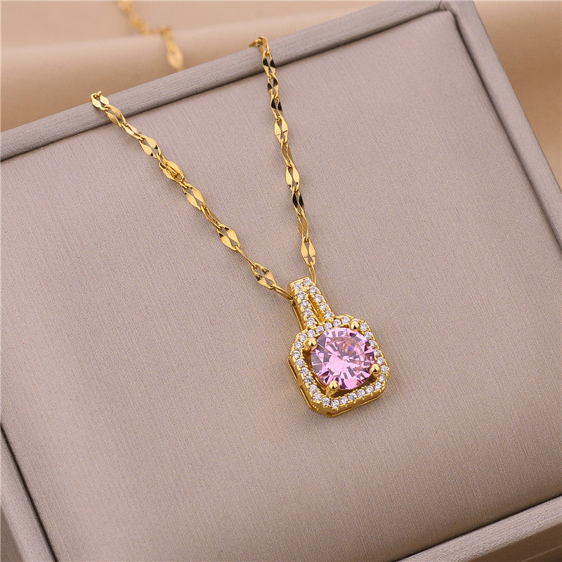 Fashion Square Pendant Necklace in Titanium Steel with Rhinestone Inlay and Gold Plating for Women