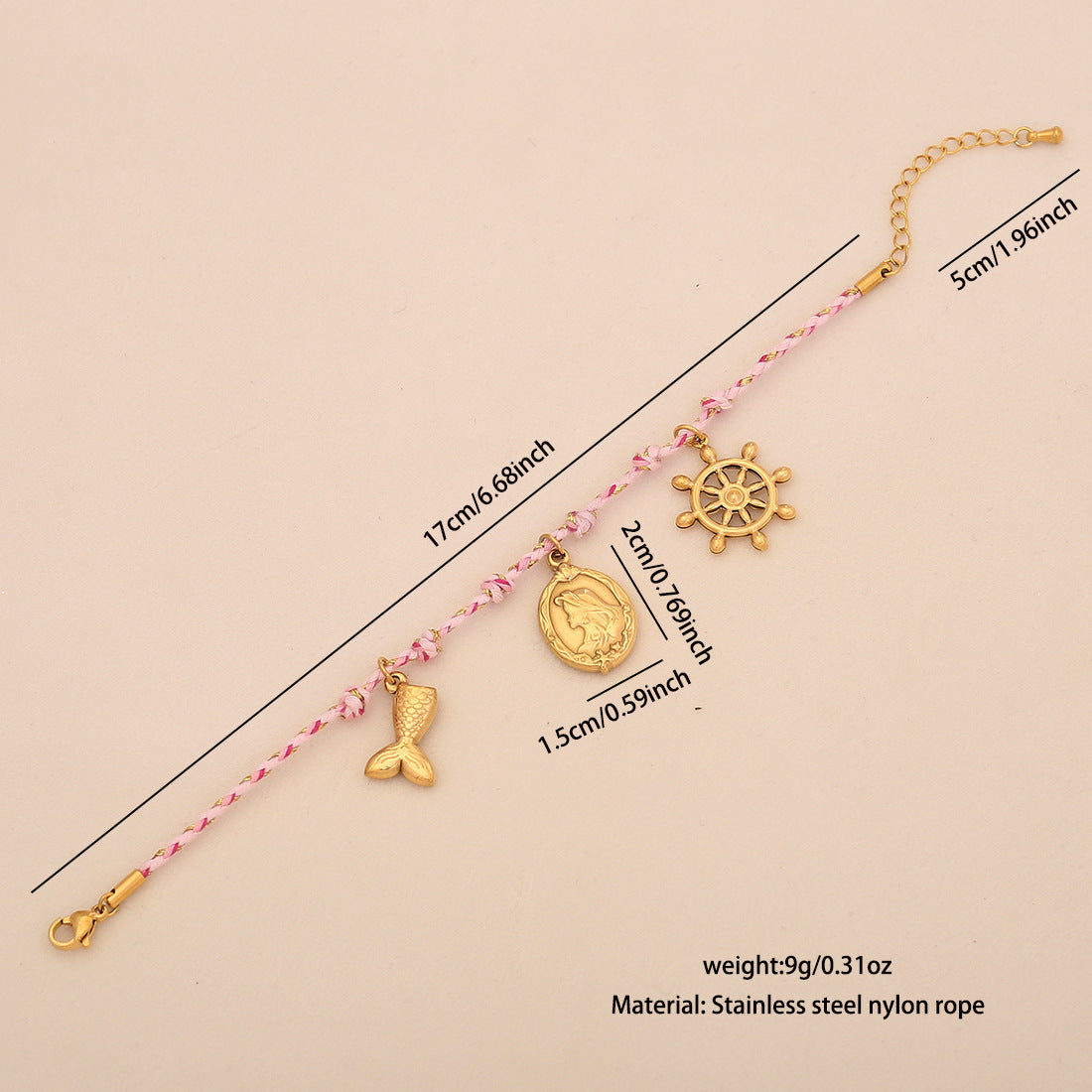 Braccialetto da donna intrecciato fatto a mano minimalista con sole, luna e stelle in acciaio inossidabile con ciondolo a cuore