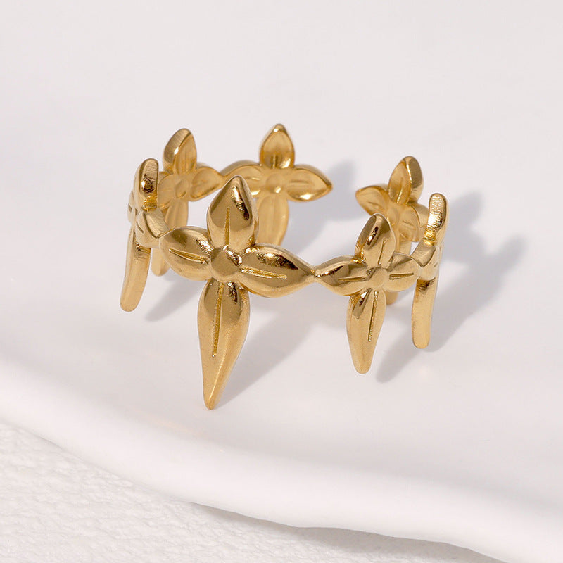 Minimalist Leaf-Shaped Adjustable Stainless Steel Ring with Plated Finish for Women