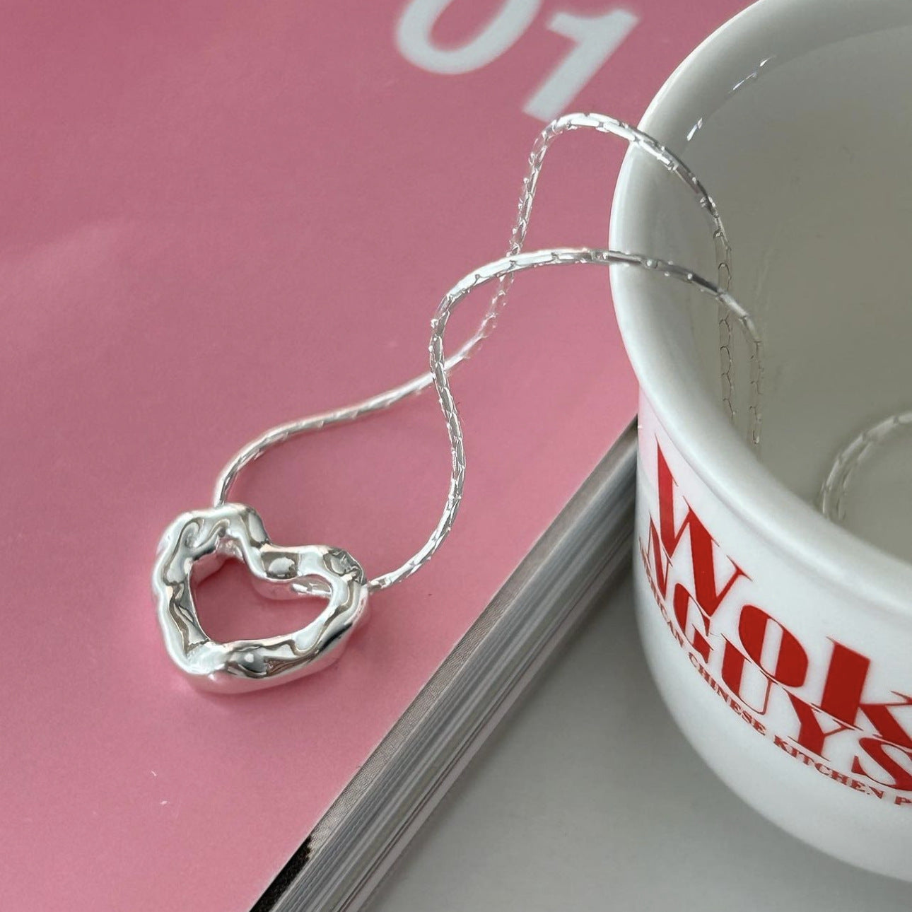 Minimalist Heart Letter Pendant Necklace in 925 Sterling Silver with Rhodium Plating on Snake Chain