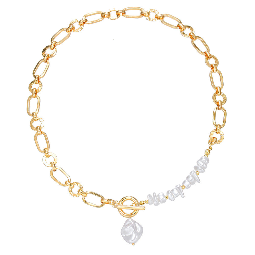 Irregular Baroque Style Imitation Pearl Necklace with Geometric Shape Alloy Chain for Women