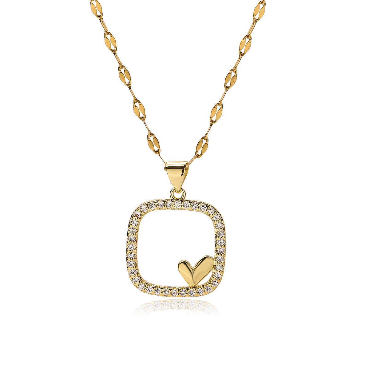 Minimalist Geometric Heart Pendant Necklace for Women in Copper with 18K Gold Plating and Zircon Inlay