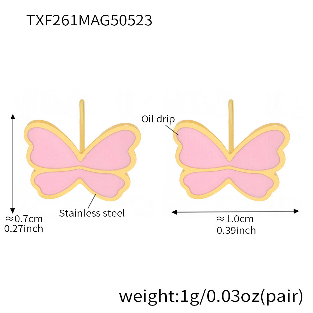 Pink Butterfly Necklace Set for Girls with Stainless Steel Chain and Titanium Steel Pendant, Enamel Finish, Fashionable Minimalist Jewelry Collection Including Necklace, Bracelet, Ring, and Earrings