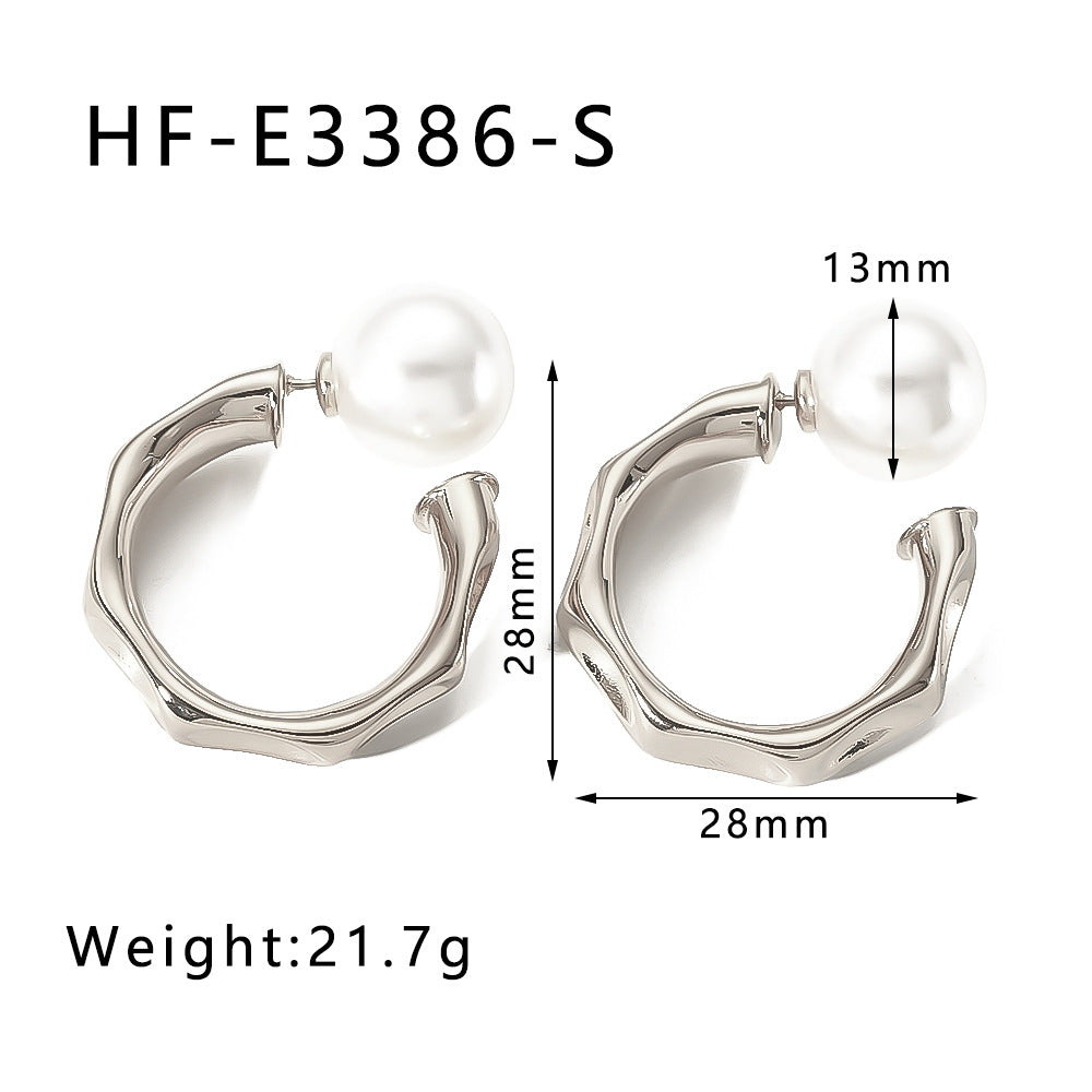 Minimalist Geometric Stainless Steel Ear Cuffs with 18K Gold Plating and Pearl Inlay for Women