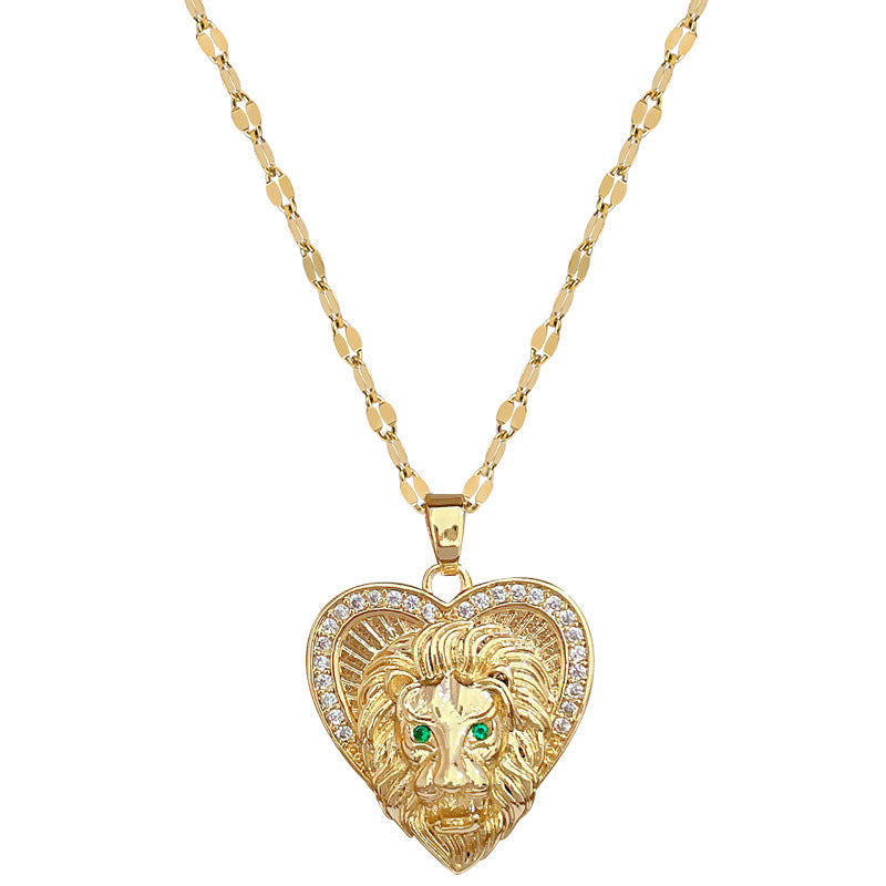 Collana da donna minimalista con cuore di leone, in acciaio inossidabile e zirconi, con delicata catena per la clavicola