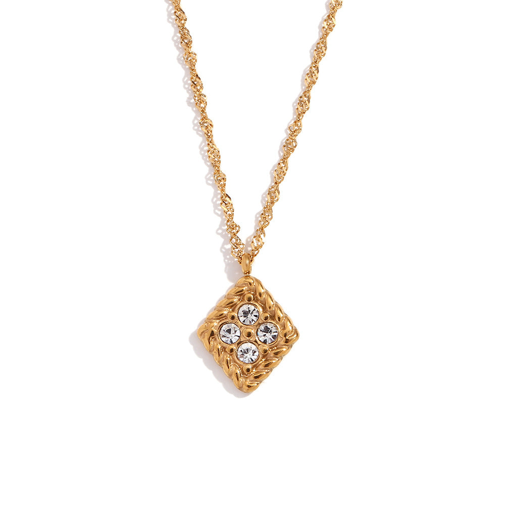 Minimalist Geometric Rhombus Pendant Necklace in Stainless Steel with 18K Gold Plating and Four Rhinestones for Women