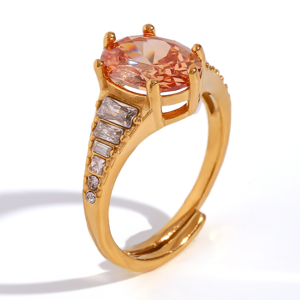 Anello minimalista geometrico in acciaio inossidabile placcato oro 18K con zirconi ovali da donna