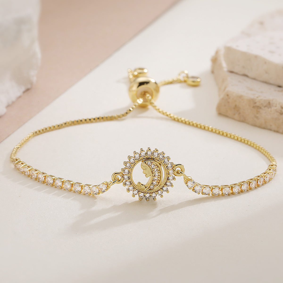Elegant 18K Gold Plated Brass Geometric Bracelet with Cubic Zirconia Virgin Mary Charm Adjustable Drawstring for Women