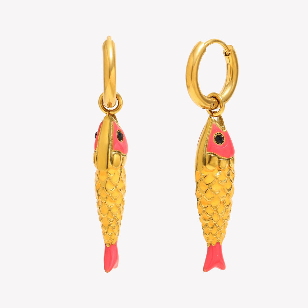 Luxury Style Fish-Shaped Stainless Steel Earrings with 18K Gold Plating and Enamel Finish