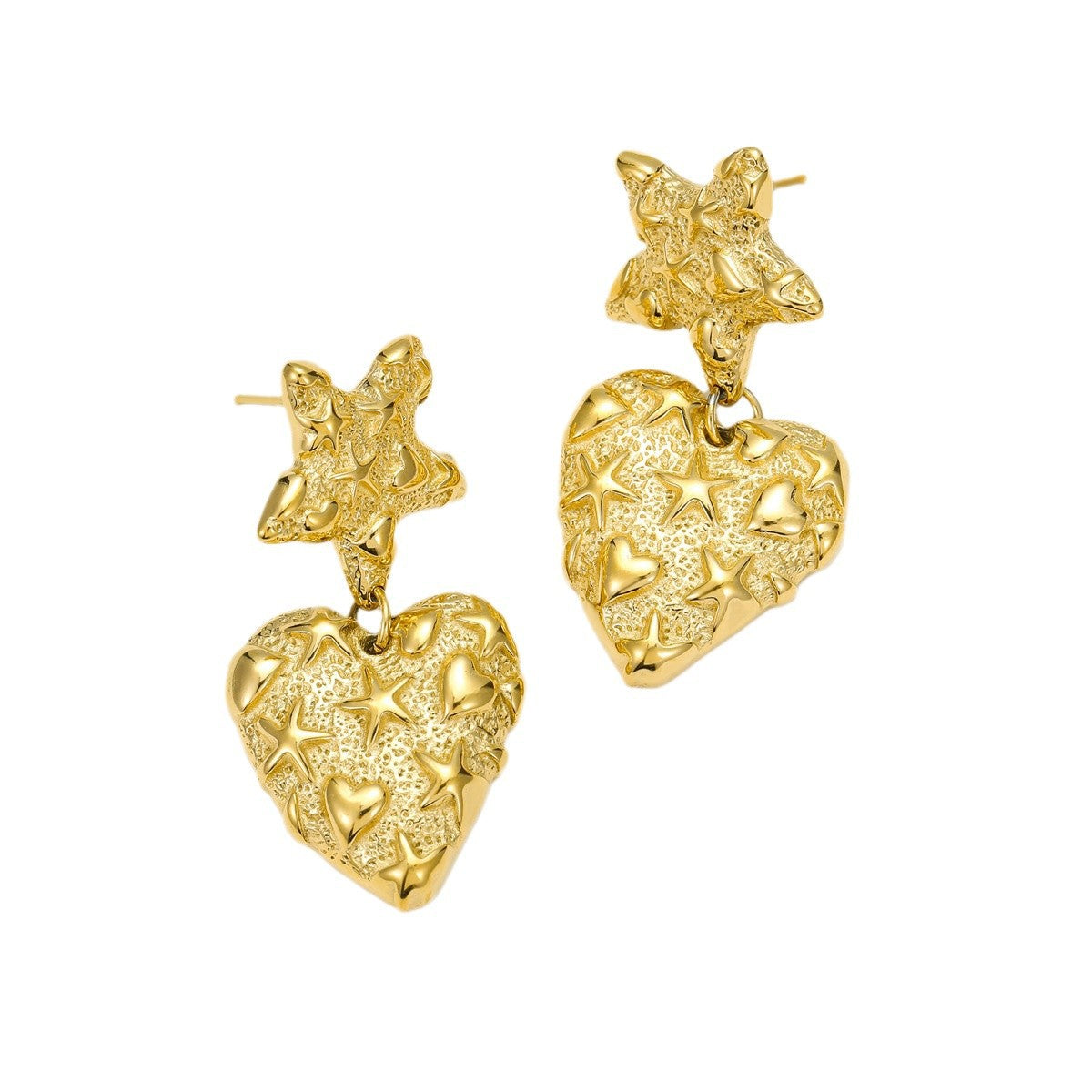 Orecchini a perno in acciaio inossidabile stile vintage a forma di stella marina e cuore, irregolari, rugosi, con finitura placcata