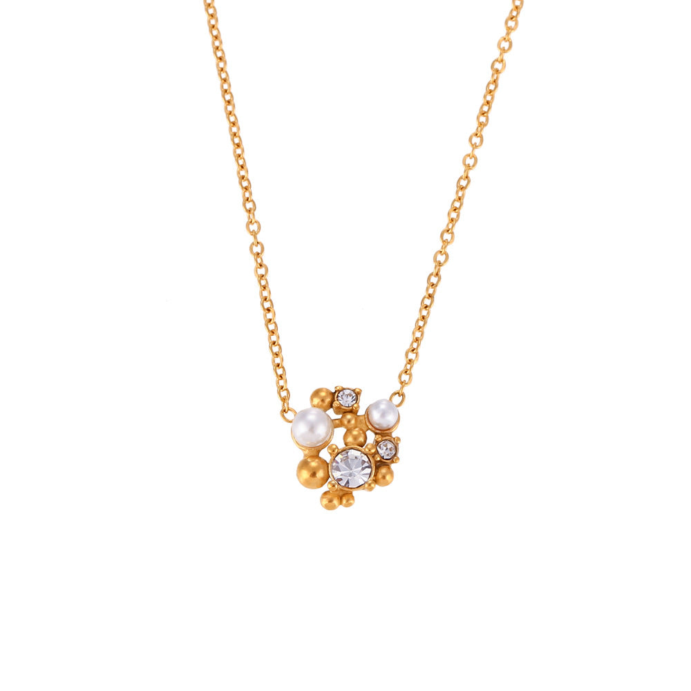 Minimalist Irregular Floral Pendant Necklace with Rhinestone and Pearl Accents on Stainless Steel Chain with 18K Gold Plating