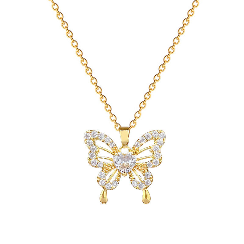 Sweet Minimalist Butterfly Cubic Zirconia Titanium Steel Necklace for Unisex