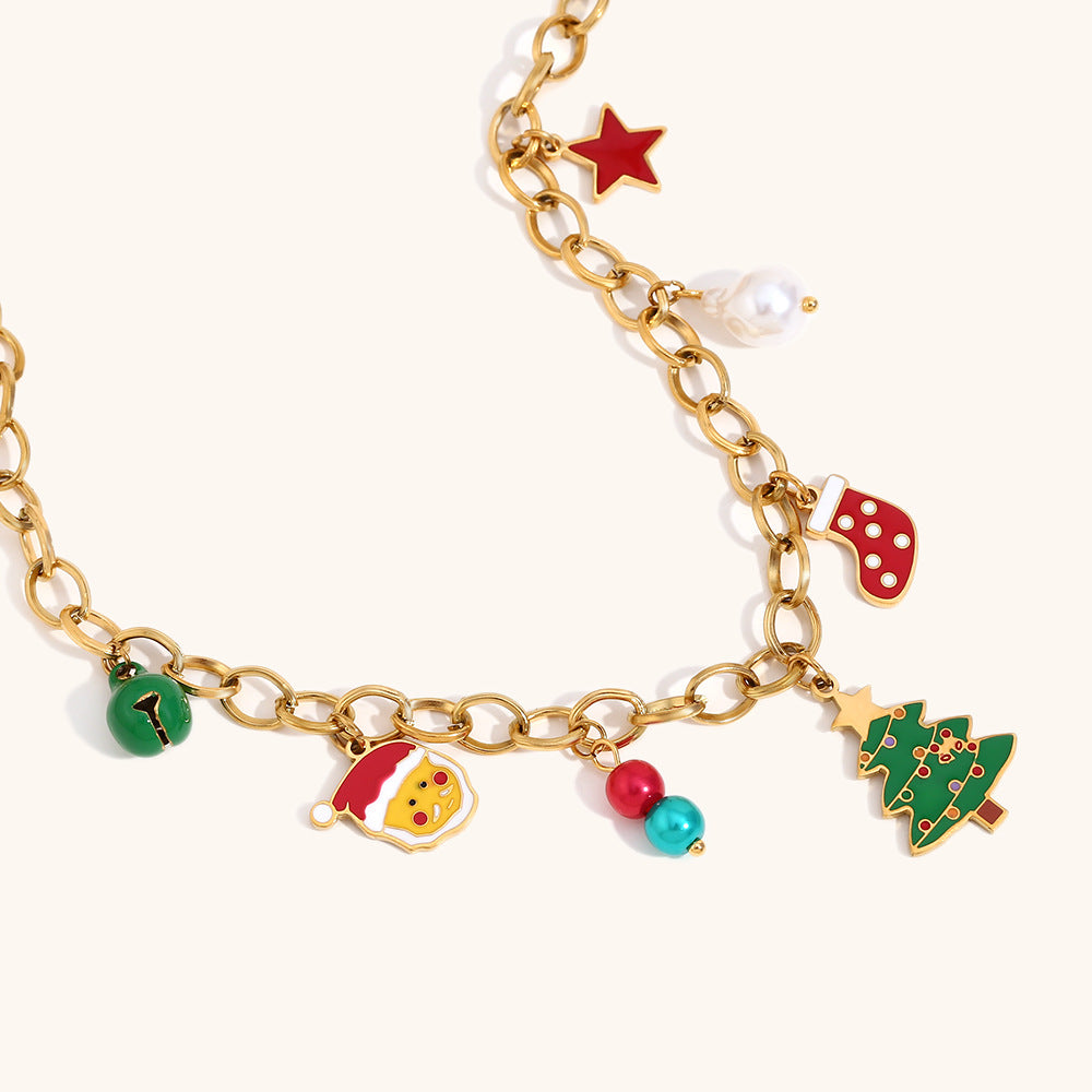 Collar con colgante de campana navideña de moda para mujer, acero inoxidable con baño de oro de 18 quilates, diseño de Papá Noel y árbol de Navidad de dibujos animados
