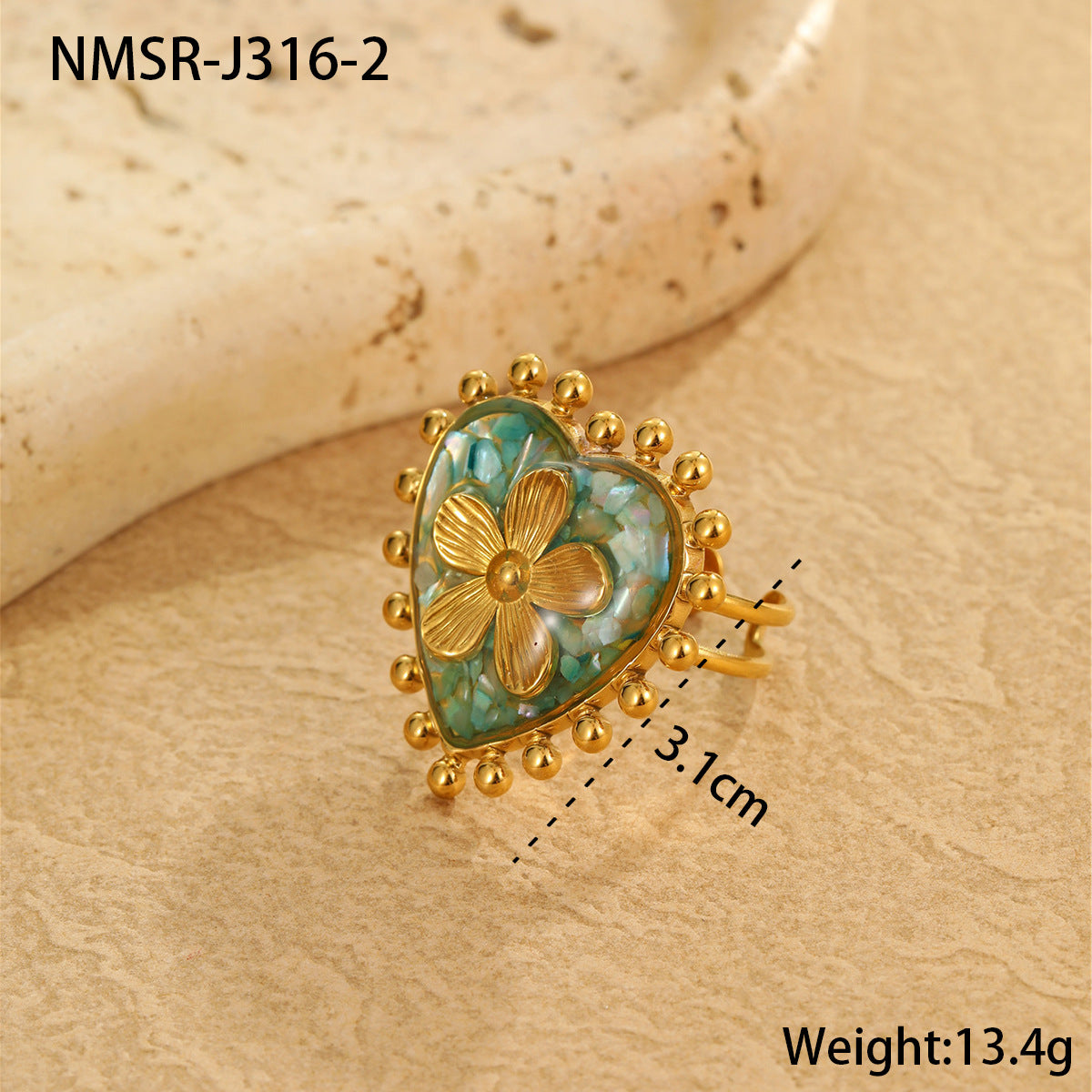 Anillo de corazón y flor de acero de titanio chapado en oro de 18 quilates, estilo francés de lujo para mujer