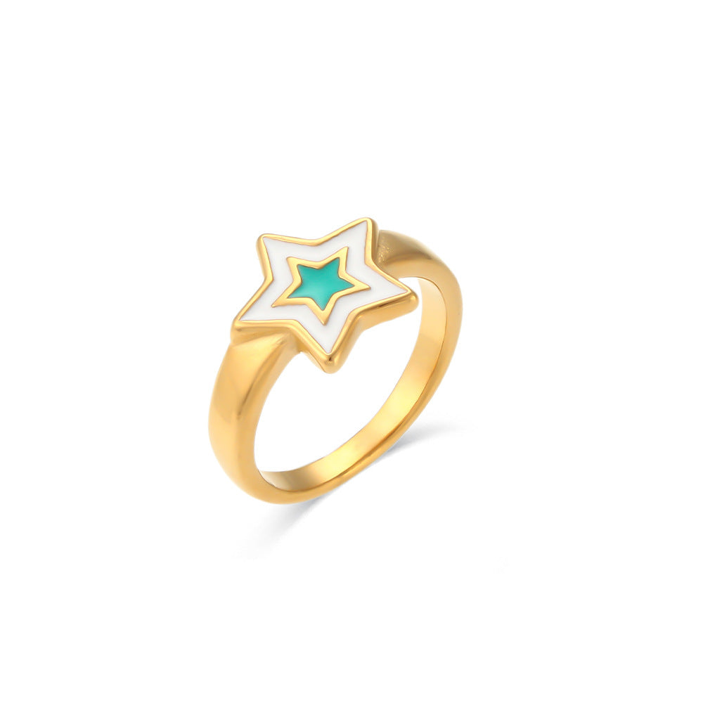 Minimalist Bohemian Star-Shaped Stainless Steel Ring for Women with Enamel Finish and Geometric Design