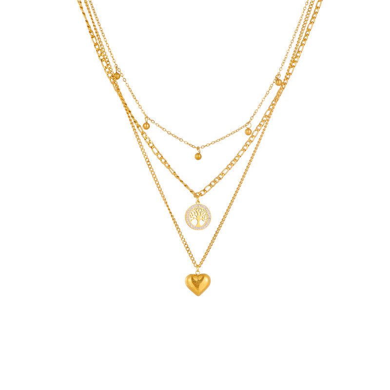 Collar minimalista vintage de titanio y acero con colgante multicapa de corazón del Árbol de la Vida y acabado chapado
