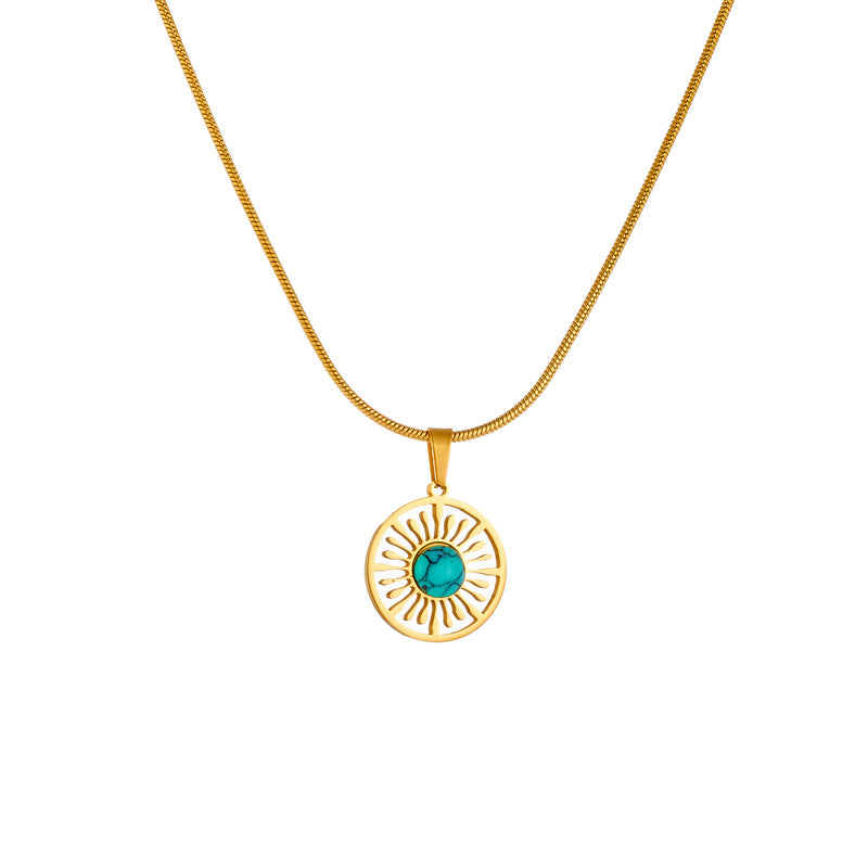 Set di Collana e Orecchini con Ciondolo Rotondo Geometrico Minimalista Vintage Turchese con Catena in Acciaio Inossidabile Placcato Oro