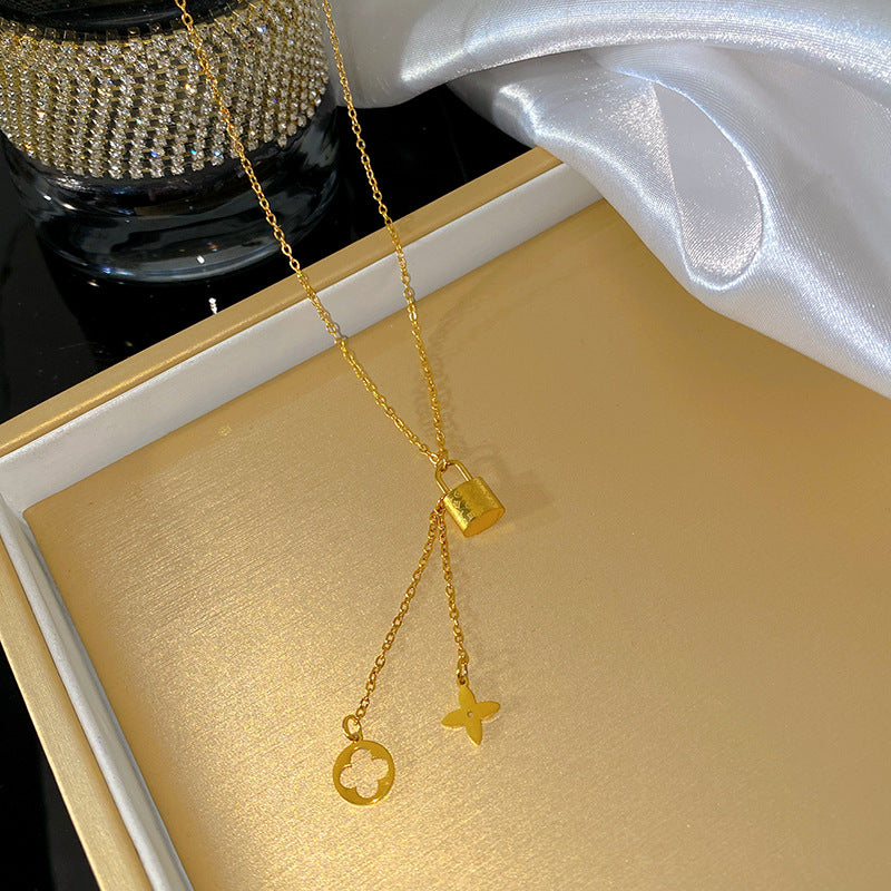 Geometric Titanium Steel Plated Lock Clover Tassel Necklace
