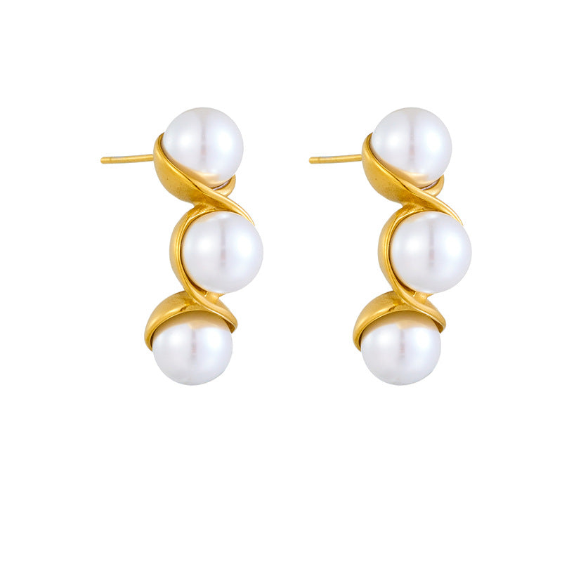 Minimalist Geometric Pearl Earrings in Stainless Steel with Plated Finish for Women