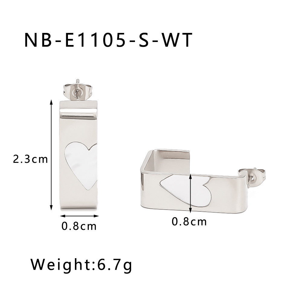 Minimalist Rectangular Stainless Steel Earrings with 18K Gold Plating and Mother-of-Pearl Inlay Heart Accent