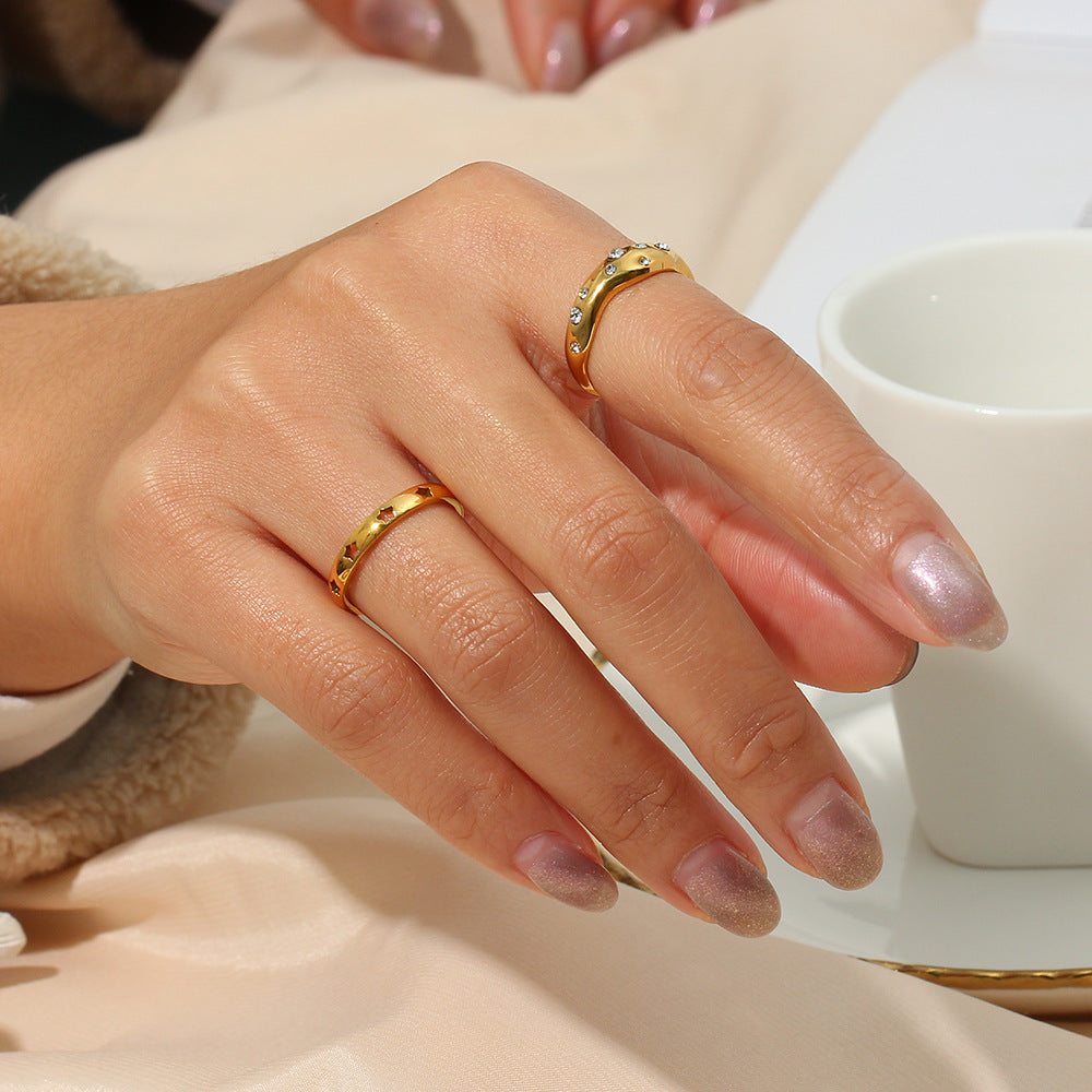 Minimalist Geometric Stainless Steel Ring with 18K Gold Plating and Irregular Zircon Inlay for Women