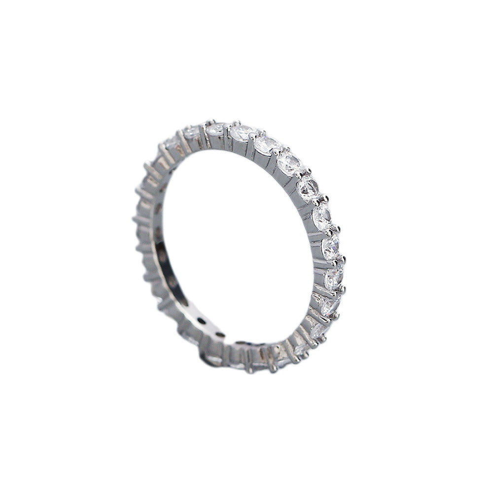 Minimalist Geometric Ring for Women in 925 Sterling Silver with Full Round Rhinestone Inlay