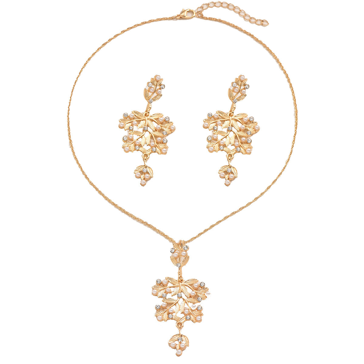 Juego de collar y aretes de cobre con diseño floral de rosa e incrustaciones de diamante para mujer