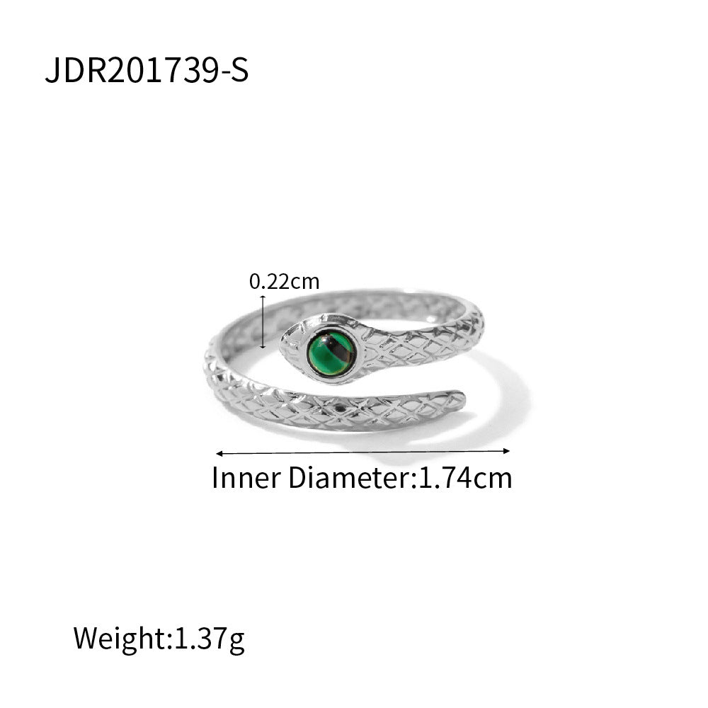 Trendy 18K Gold Plated Stainless Steel Snake Open Ring with Malachite Charm for Women