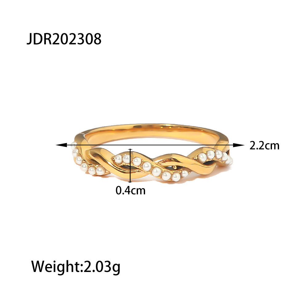 Anello Minimalista Geometrico in Acciaio al Titanio con Intarsio di Perle per Donna Anello a Fascia Intrecciata Annodata di Tendenza
