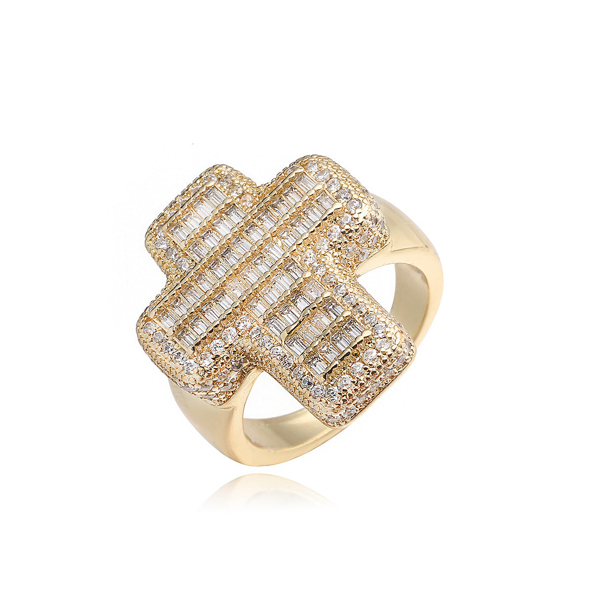 Minimalist Hip-hop 18K Gold Plated Brass Micro-inlay Cubic Zirconia Cross Geometric Ring for Women
