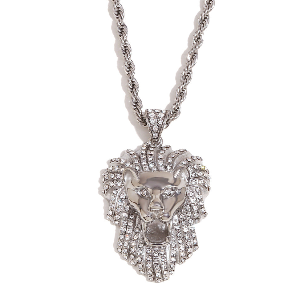 Collana con Pendente a Forma di Leone in Stile Hip Hop da Uomo con Corpo in Acciaio Inossidabile, Pendente in Acciaio al Titanio Elettroplaccato Oro 18K, Catena Intrecciata con Strass Incrostati