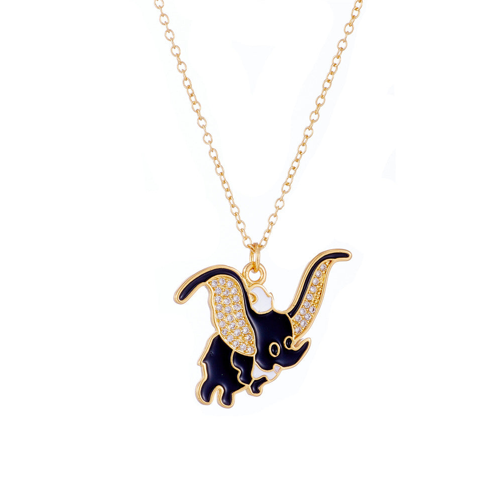 Collana pendente a forma di elefante minimalista da donna con base in rame e placcatura in oro 18 carati, finitura smaltata e intarsio in zirconi