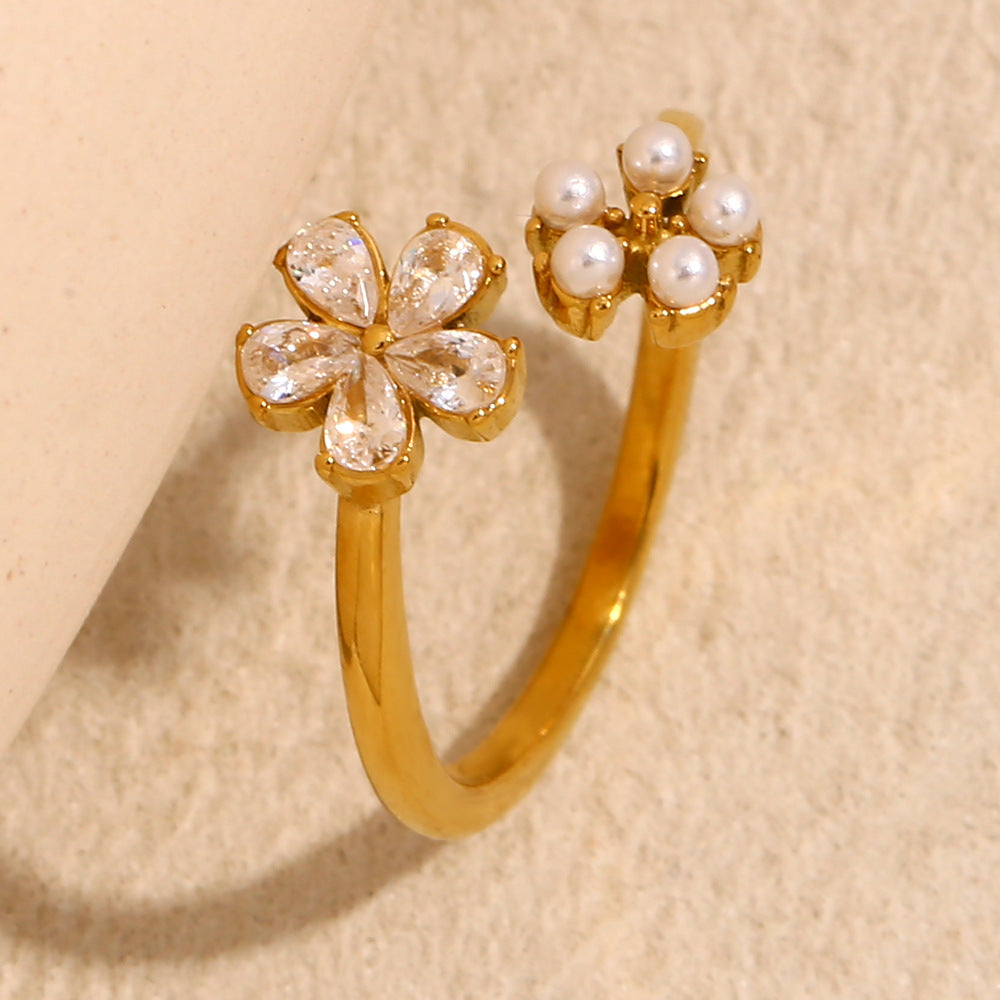 Elegant Floral-Shape Stainless Steel Plated 18K Gold Opening Ring for Women