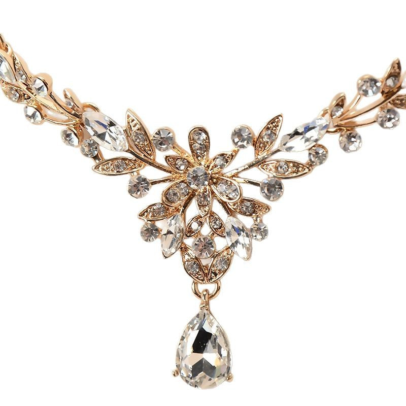 Elegant Gold Plated Alloy Rhinestone Floral Necklace and Earring Set for Women