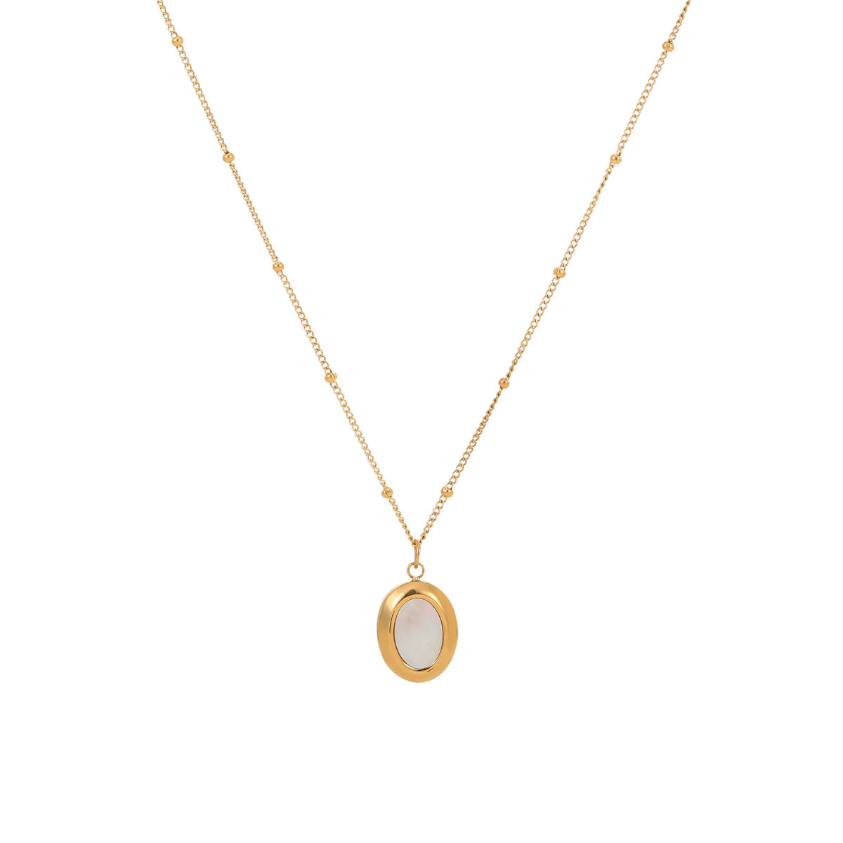 Collar con colgante ovalado geométrico minimalista de abulón blanco en acero de titanio con acabado chapado para mujer