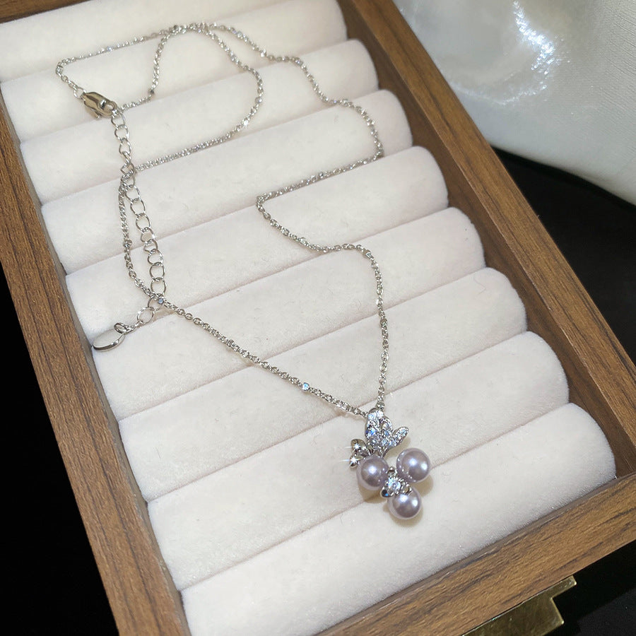 Elegante conjunto de collar y pendientes de perlas con diseño floral estilo francés, con detalles de pedrería, acabado chapado, cadena de clavícula, para mujer