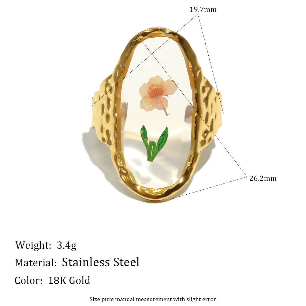 Anello Ovale a Margherita Minimalista da Donna in Acciaio Inossidabile con Placcatura Oro 18K e Finitura Smaltata