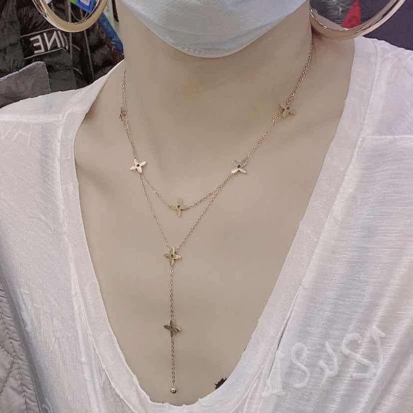 Minimalist Double-Layer Star Pendant Necklace for Women in Titanium Steel with Delicate Clover Motif