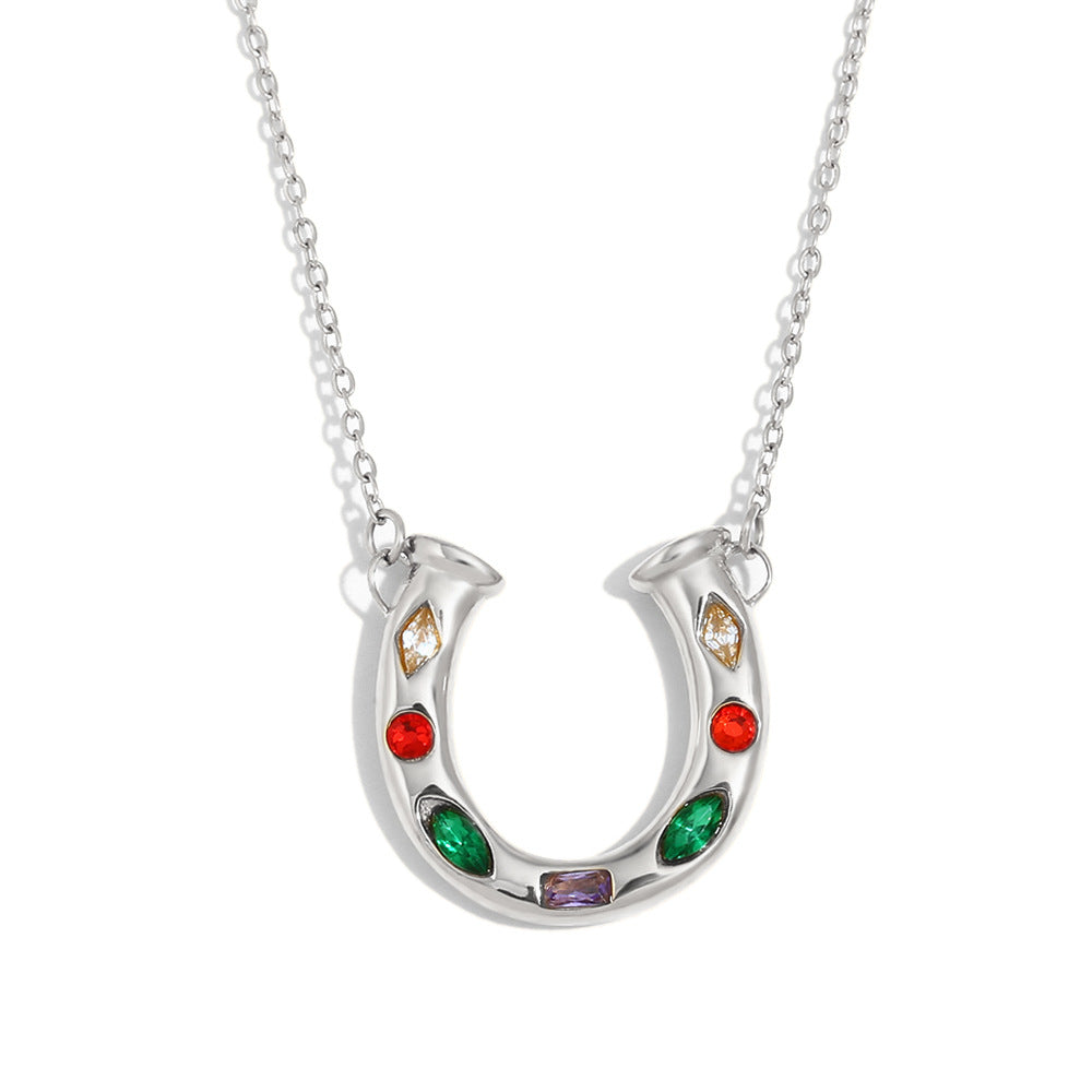 Minimalist U-Shaped Pendant Necklace in 316L Stainless Steel with 18K Gold Plating and Colorful Rhinestones for Women