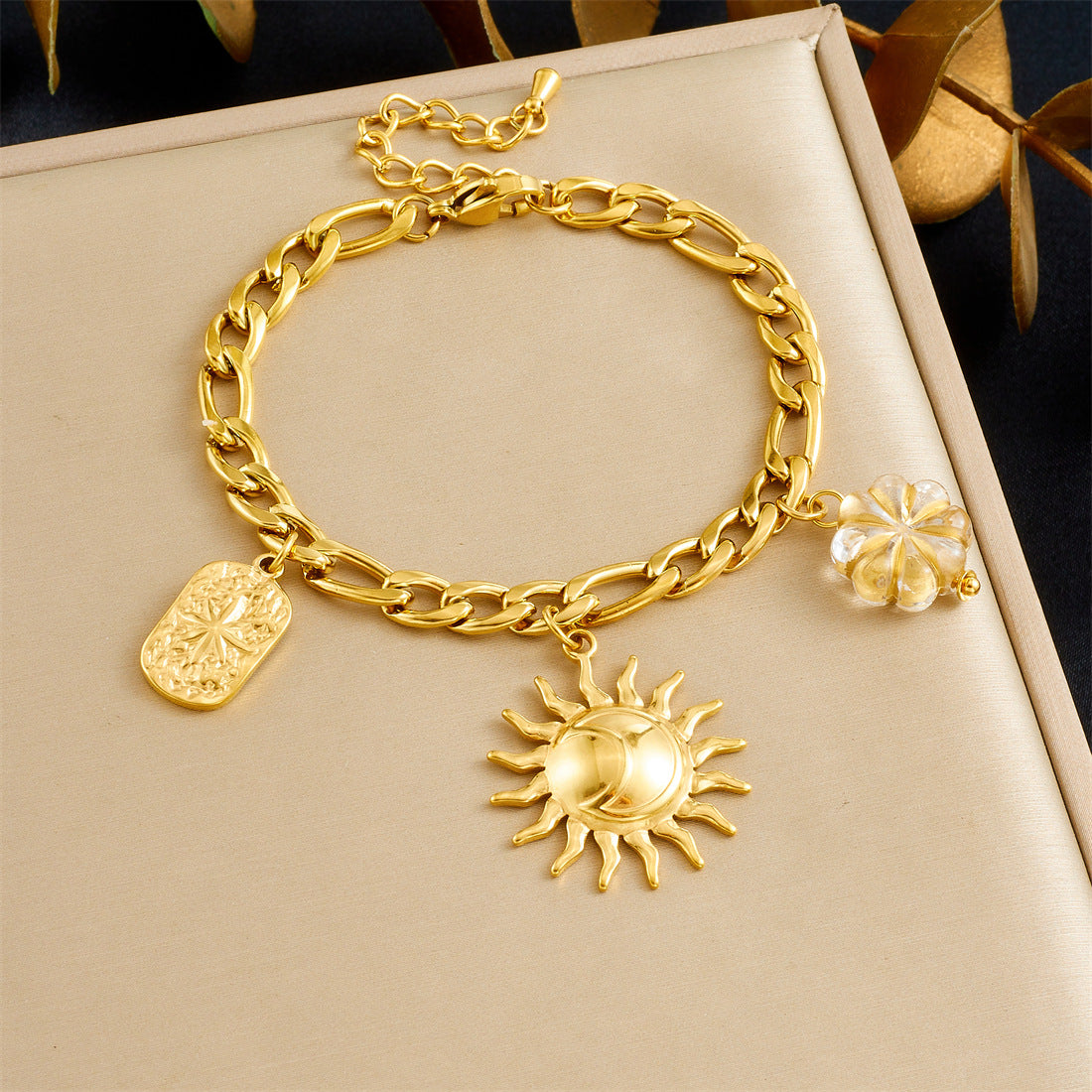 Vintage Elegant Stainless Steel Plated Round Heart Star Moon Pendant Necklace and Bracelet Set for Women with Curb Chain