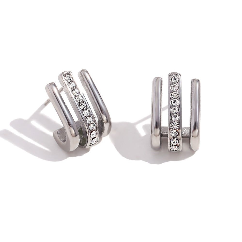 Minimalist Geometric Stainless Steel Ear Studs with 18K Gold Plating and Rhinestone Accents
