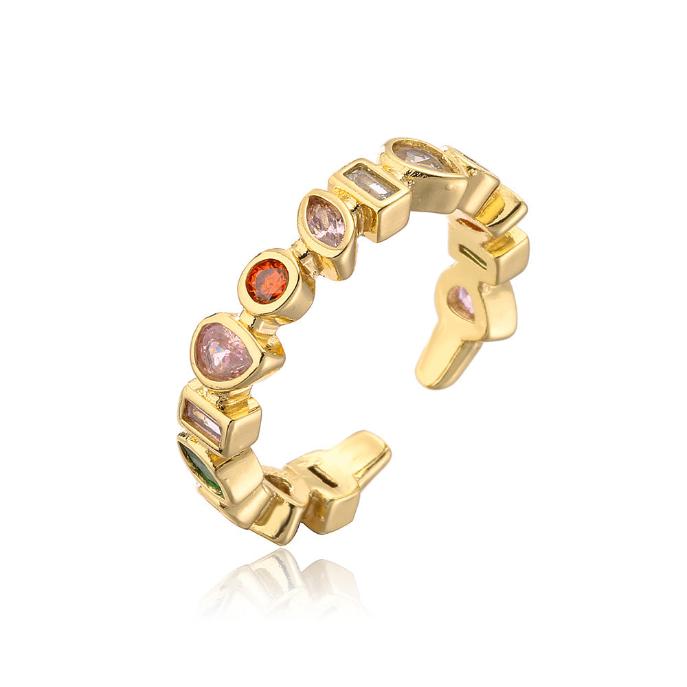 Minimalist Irregular Geometric Open Ring for Women in Copper with 18K Gold Plating and Zircon Inlay