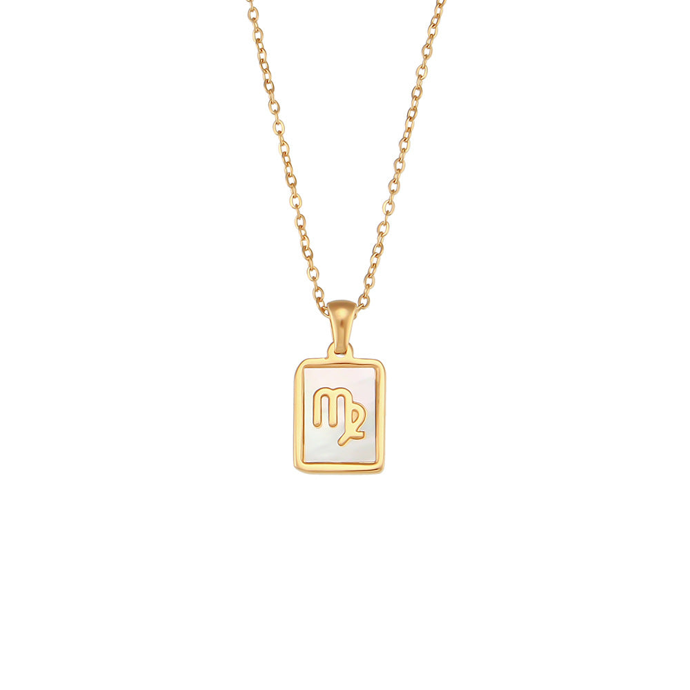 Collana con ciondolo segno zodiacale alla moda da donna con catena in acciaio inossidabile e intarsio in conchiglia naturale a forma di quadrato geometrico