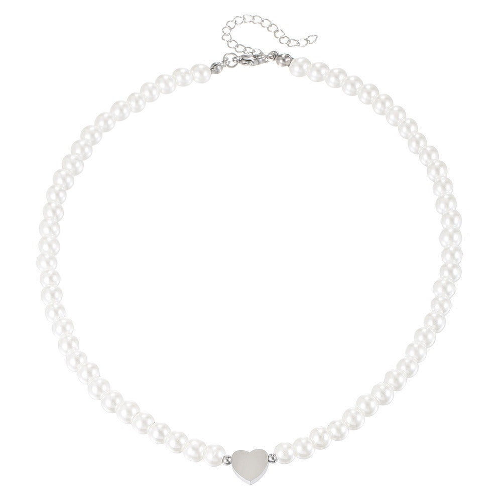 Vintage Sweet Heart Alloy Simulated Pearl Necklace Snake Chain